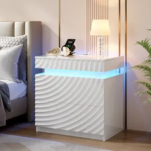 FREDEES Nightstand with Charging Station 3-Color LED Lights Human Sensor 3 Drawers Storage USB Type-C Ports Modern Bedside Table for Bedroom