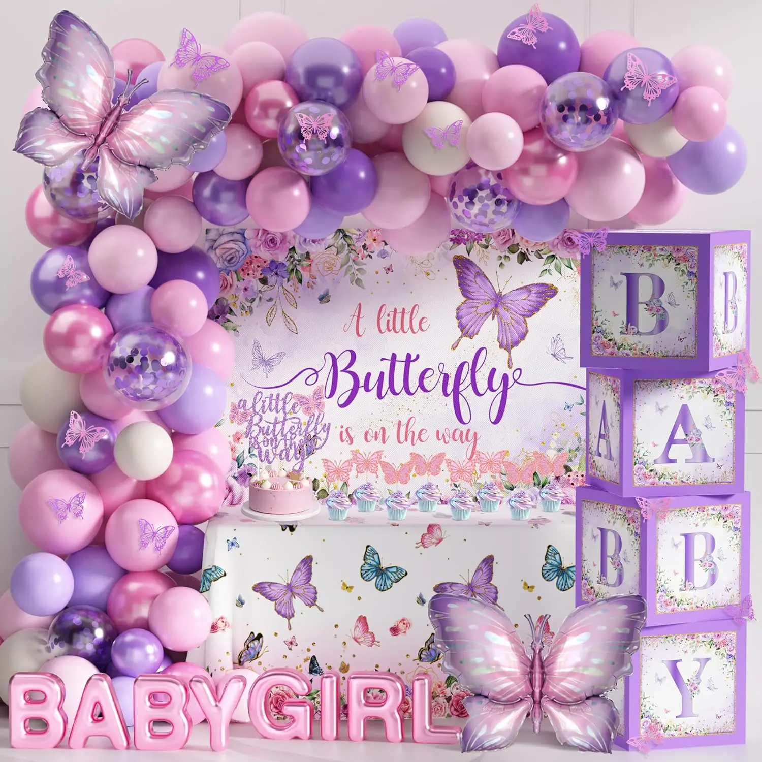 138 Pcs Girls' Waterproof Cloth Butterfly Themed Party Decor Set - Baby Shower Supplies, Foldable Plastic Baby Boxes, Backdrop ("A Little Butterfly Is On The Way"), Cake Toppers, Stickers, 85 Pink Purple Latex Balloons, Garland, Glue Points & Ribbon