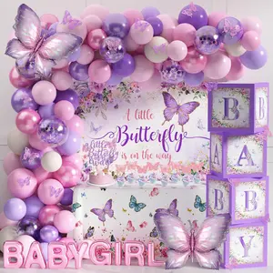 Girls' Butterfly Baby Shower & Birthday Decorations Plastic Kit - Includes "A Little Butterfly Is On The Way" Backdrop, Cake Toppers, Stickers, Pink Purple Balloons, Party Gift Boxes