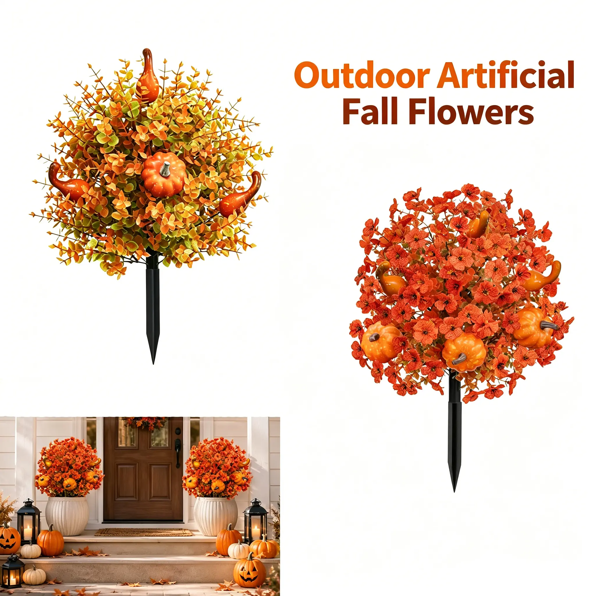 Fall & Halloween Artificial Topiary Ball Trees, Pumpkin Artificial Flower Topiary Ball with Ground Spike, Autumn Fake Shrubs Bushes, Faux Floral Ball for Front Porch Yard Patio Halloween Thanksgiving Decor (Orange Pumpkin), Decorative