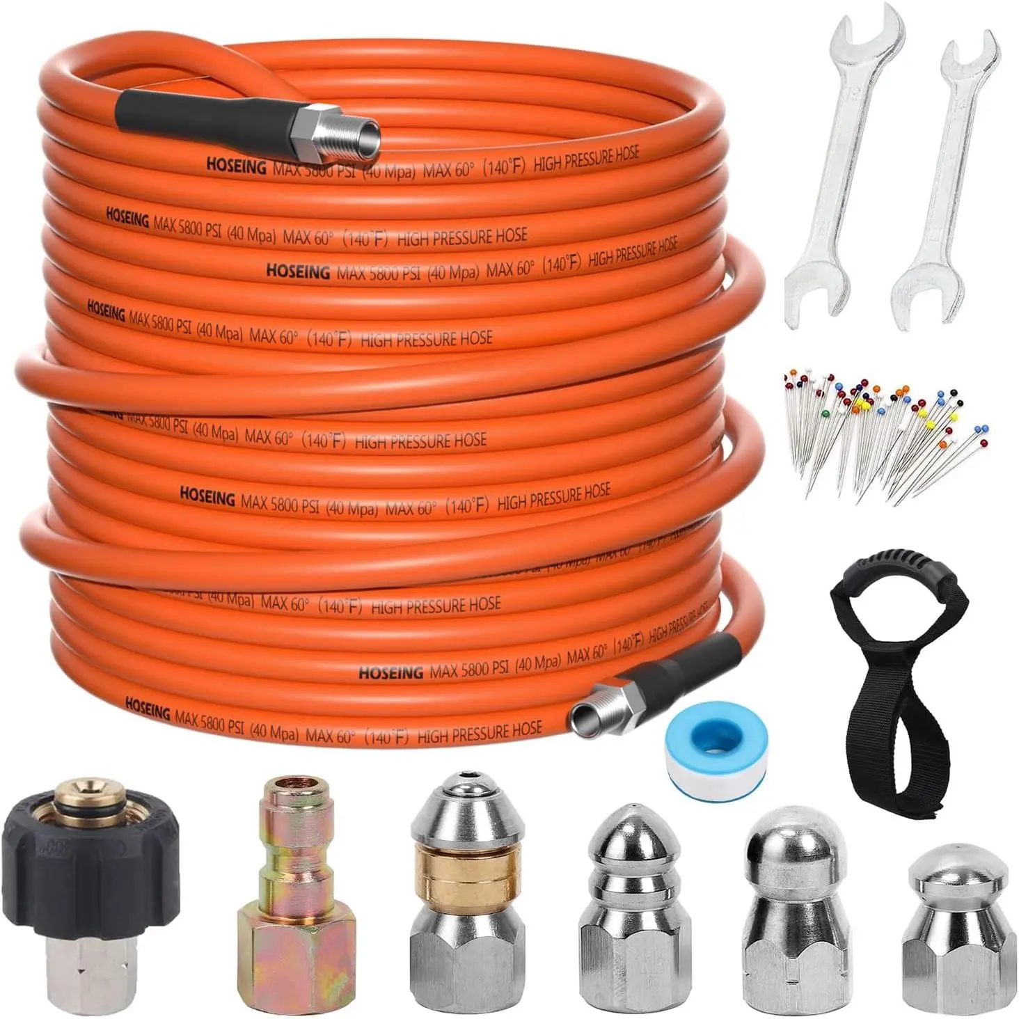 100FT Pressure Washer Sewer Jetter Kit, 5800 PSI Jet Drain Cleaner Hose with Corner Rotating Button Nose Nozzle, Sewer Jetting Nozzles Kit with Spanner Handle Strap
