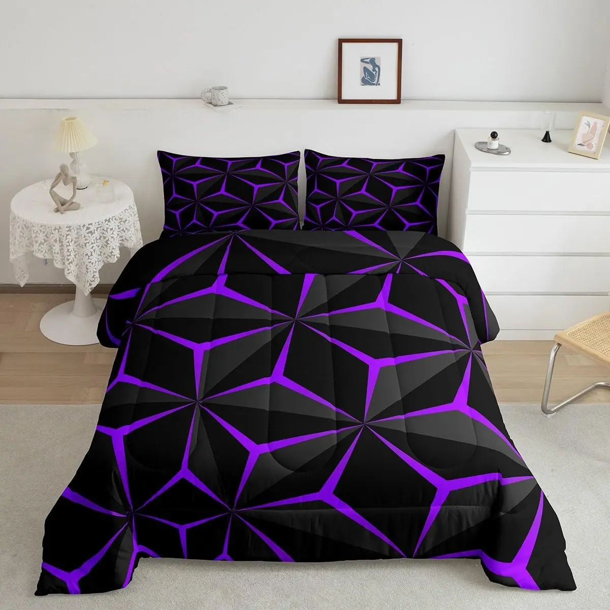 Feelyou Queen Comforter Set - Breathable 3D Purple Neon Honeycomb Print Geometric Stereoscopic Luxury Decorative Bedding Set, Soft Poly with U-Stitching, Travel Ready for Modern Bedroom Upgrade (Includes Core Pieces)