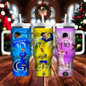 1pc Messi, C Ronaldo, Neymar - GOAT Football Star Theme 40oz  Stainless Steel Vacuum Insulated Cup, with handle, lid and straw. Suitable for outdoor camping trips, birthday and Christmas gifts. A great choice for fans as a travel companion cup.