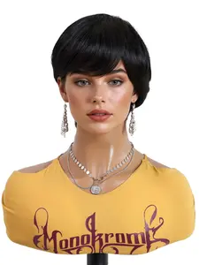 Black short wig Synthetic high-temperature resistant fibers Adjustable rose net cap Side-parted short straight hair style The hair is fine and has a lustrous appearance Comfortable and natural wearing Suitable for daily wear, as a gift for ladies-8 inches