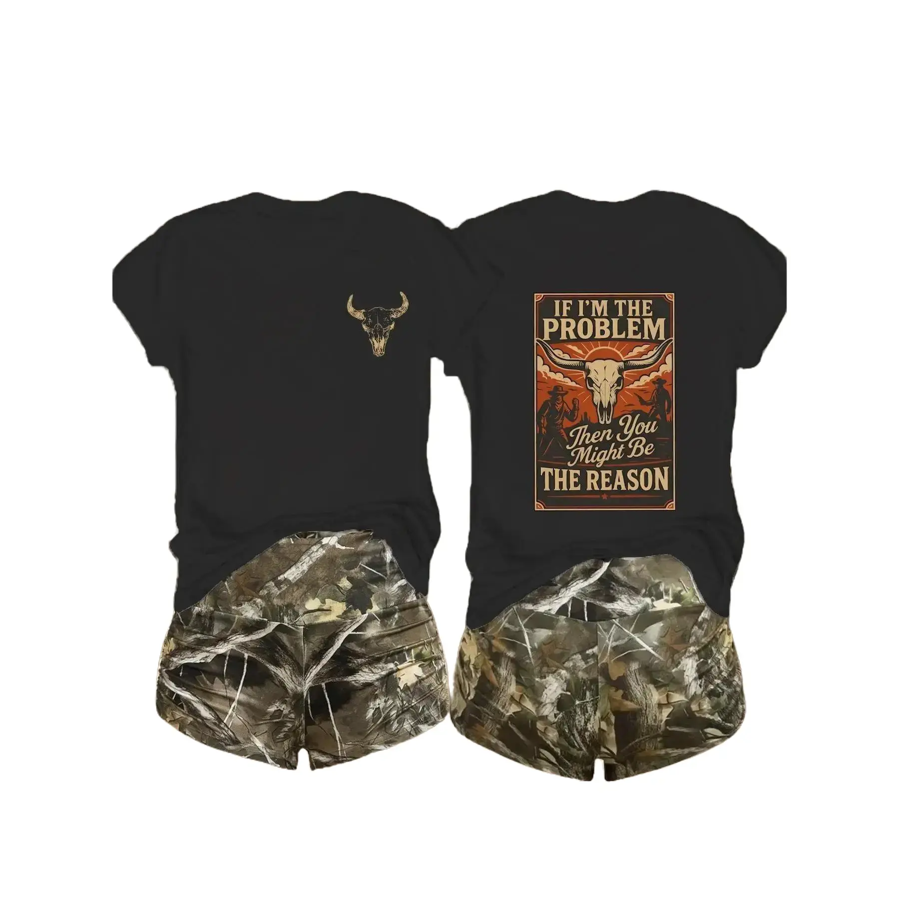 (only t-shirt)Women's T-Shirt, Casual, Comfortable Fabric, Crew Neck Short-Sleeve, Loose-Fit,, Western Skull & Slogan Graphics
