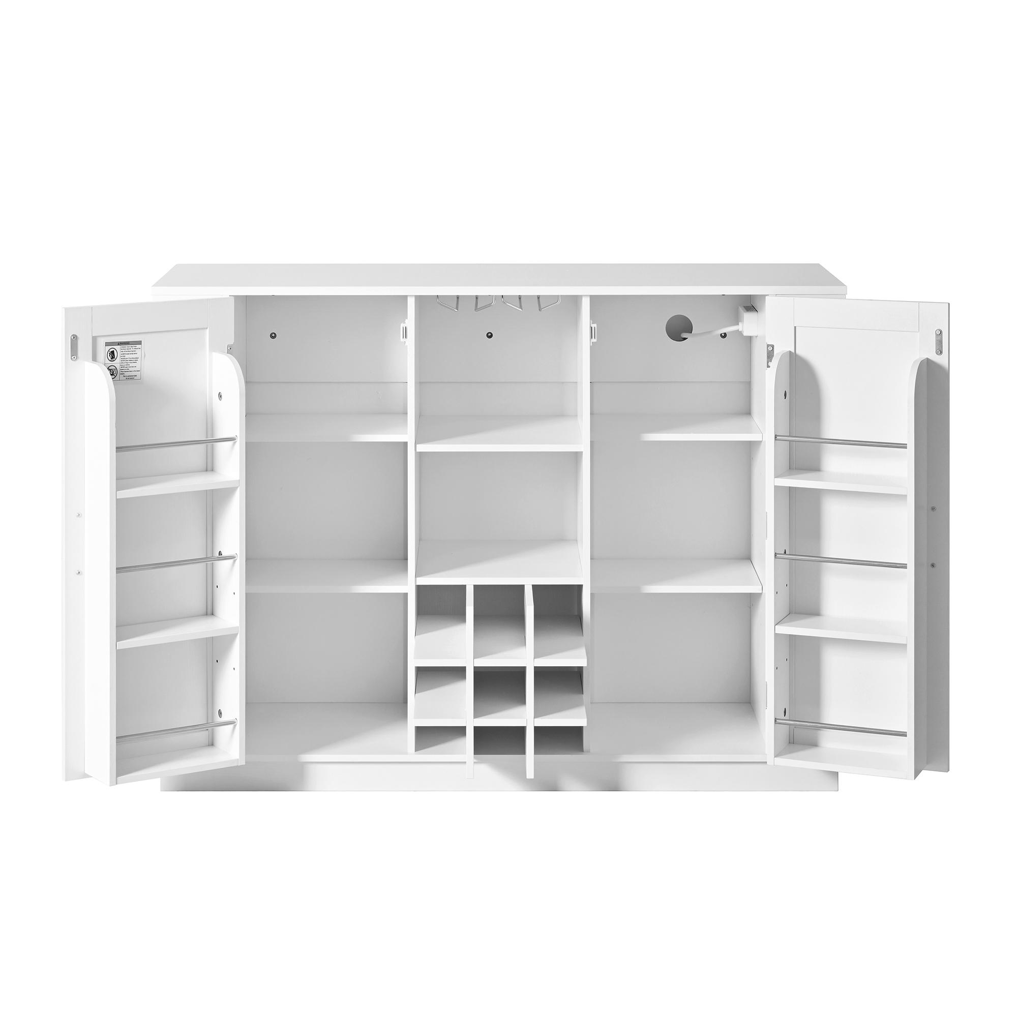 47.2" Multi-functional Extendable Kitchen Island with Drop Leaf, Built-in Power Outlet, Home Coffee Bar Wine Cabinet with Bottle Rack & Glass Holder, 2-Door Buffet Sideboard with Open Side Storage Shelves, Water-resistant Easy Clean MDF, Space Saving