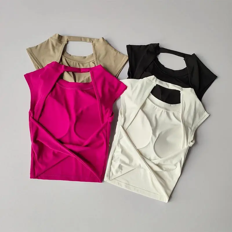 Short Sleeved T-shirts Women's Fixed Chest Pad Sexy Backless Short Gym Shirt Sexy Yoga Tops Slimming Fitness Sports Vest workout sets pilates outfits workout tops