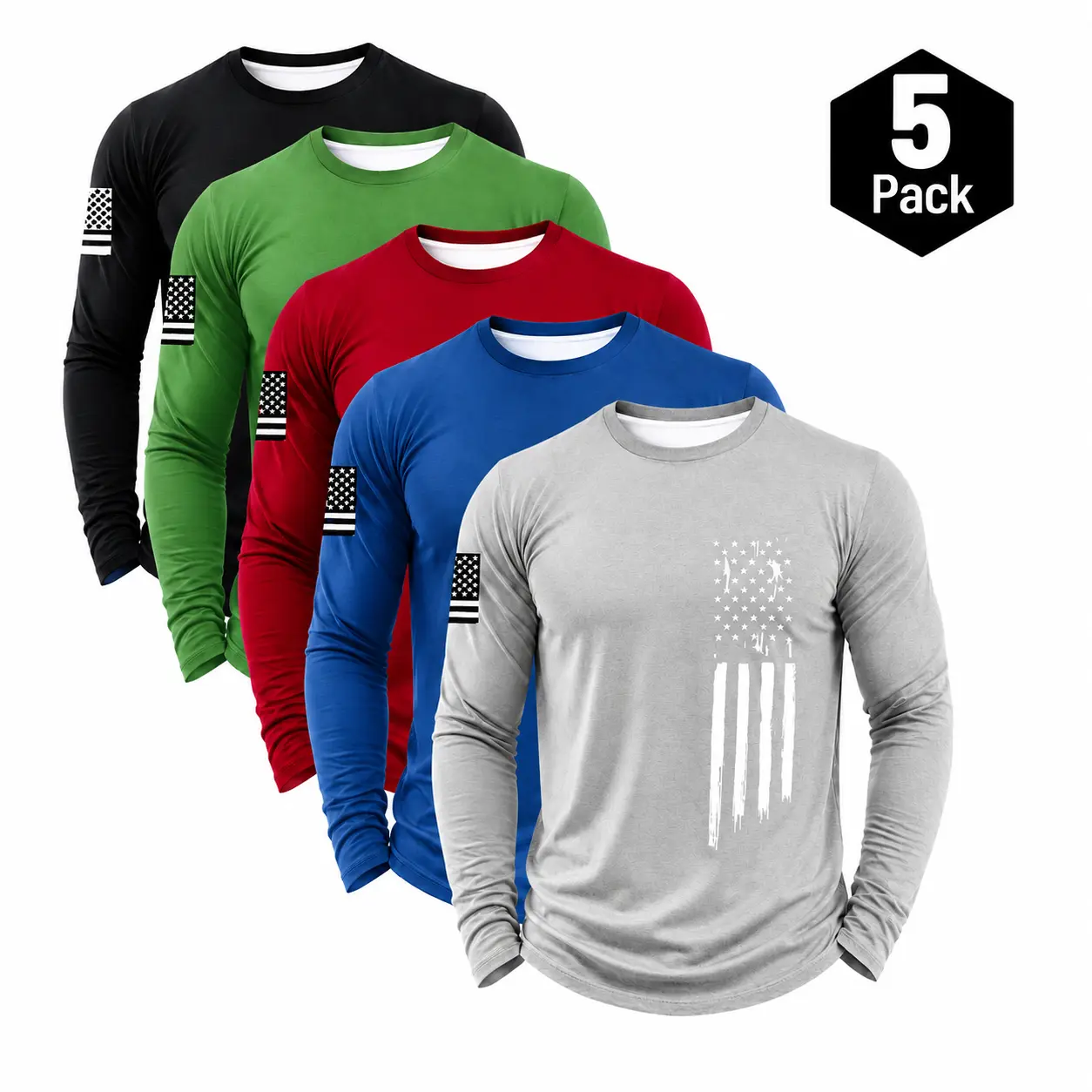 Men's Long Sleeve Athletic Shirts Crew Neck Workout Tops - 5 Pack Lightweight Breathable Quick Dry American Flag Print Shirts for Gym, Running, Biking, Outdoor Work & Daily Wear