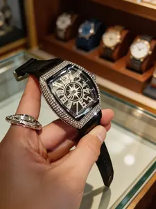 High-End Men's Watch, Quartz Watch, Stylish Watch, Full Diamond Barrel Shape, Compass Dial, Leather Strap, Hip-Hop Style, Perfect Gift for Him