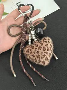 Leopard Plush Heart Bag Charm, High-End Braided Rope Fur Ball Keychain, Elegant Hanging Ornament, Perfect Couple Gift, All Seasons, Keychain For Bags