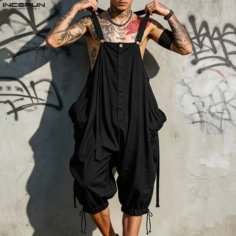 INCERUN Men's Casual Solid Color Jogger Overalls, Relaxed Fit Cuffed Summer Fashion Apparel for Daily & Party Wear, Men's Wear, Men’s Clothes