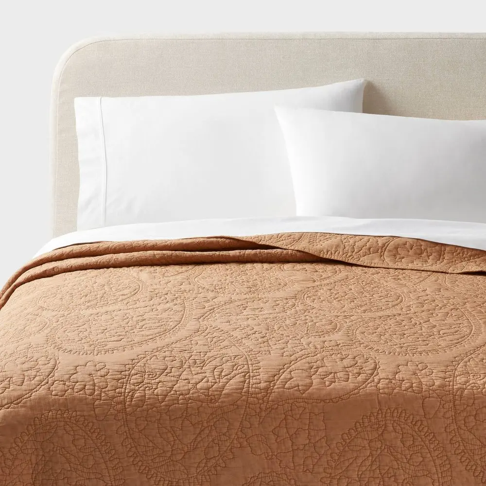 Twin/Twin Extra Long Garment Washed Paisley Stitch Quilt Camel - Threshold: Microfiber OEKO-TEX Certified All Ages