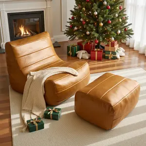 CAODOC Large Memory Foam Bean Bag Chair for Adults,Big Bean Bag Lounger, Living Room and Gaming Seat, Vegan Leather, Chair & Ottoman Set