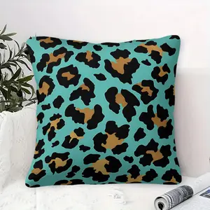 Vibrant Leopard Print Throw Pillow featuring a Digital Print on a Bold Turquoise Background, Irregular Black Spots with Golden-Brown Accents, Soft Cushion, Stylish Home Decor for Sofa & Bed, 45cm Square Includes Pillow Insert