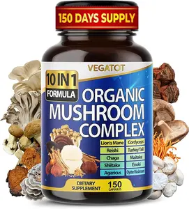 Vegatot Organic Mushroom Complex 10 in 1 Formula 9,700MG Lions Mane Cordyceps Reishi 150 Capsules 150 Days Supply for Memory Focus - Dietary