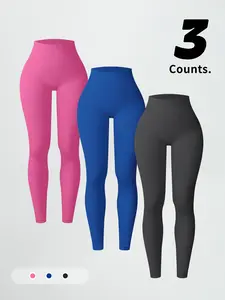 Women's High-Waisted Ribbed Yoga Pants, Tight-Fitting Sporty Style, Quick-Dry Fabric, Fall Season, Available in Multiple Packs, High Waisted Leggings