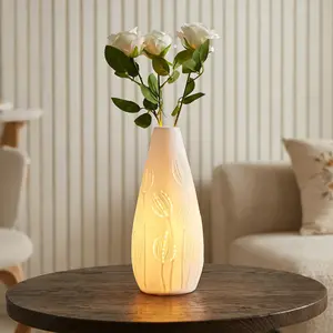 TACAHE Ceramic Vase Table Lamp, 2700K Bulb & 3 Artificial Flowers Included, E12 Socket, Inline Switch, Handmade Openwork Craft, Ambient Light for Living Room Bedroom - Tulip 11"