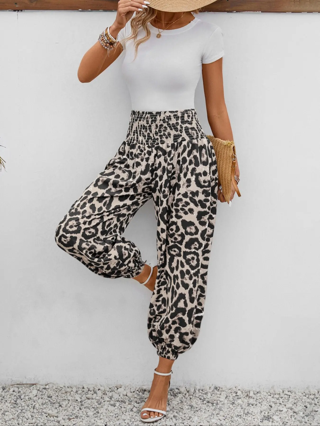 Women's High Waisted Leopard Print Jogger Pants, Casual Fashion Long Trousers, Spring & Fall Daily Wear, Loose Fit Elastic Waist