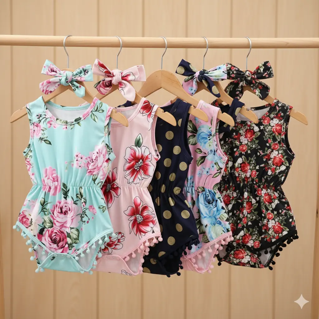 Baby Girl Floral Romper & Headband Set - Summer Infant Sleeveless Jumpsuit with Pom Pom Trim - Cute Newborn Outfit, Baby Girls Clothing, Newborn Girls Clothing