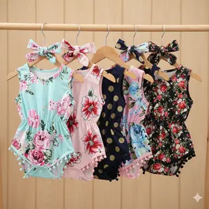Baby Girl Floral Romper & Headband Set - Summer Infant Sleeveless Jumpsuit with Pom Pom Trim - Cute Newborn Outfit, Baby Girls Clothing, Newborn Girls Clothing