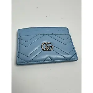 Pre-owned GUCCI leather wallet GG Marmont Card Holder Light Blue JD404GG