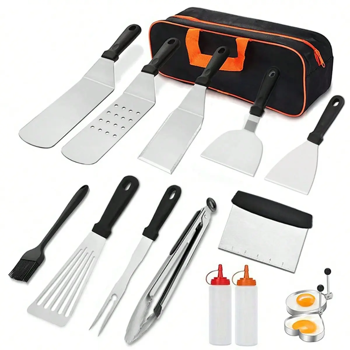 Barbecue Tool Set, 15pcs/set Portable Travel Complete BBQ Tool Set with Storage Bag, Camping Barbecue Accessories Grilling Set for Home Picnic Dining Room Outdoor Utensils Grill Brush Steel Fork Grilling Tools