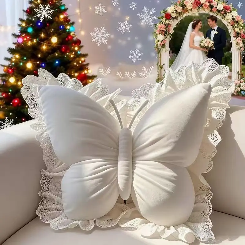 Ultra Soft Velvet Butterfly Pillow with Lace Trim, Cozy Bedroom Sofa Accent Cushion, Decorative Throw Pillow for Living Room, Home Decorative Cushion, Sofa Cushion Decorations