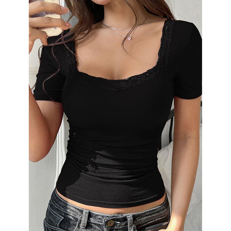 Women’s Y2K Lace Trim Slim Fit Tee – U-Neck Short Sleeve Top Women’s Y2K Lace Trim Slim Fit Tee – U-Neck Short Sleeve Top
