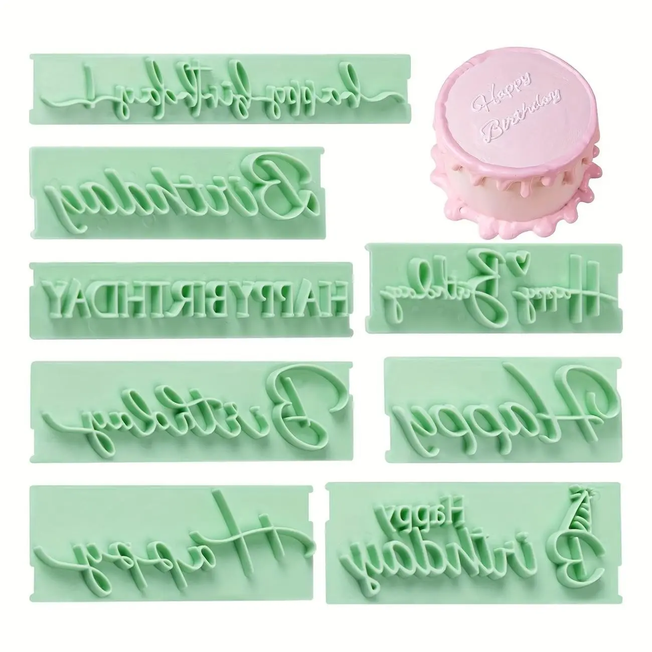 8pcs/set Happy Birthday Wishes Cake Words Stamp Set, Cake Decorating Kit, Cake Decoration Tools, Cake Decoration Supplies, Handwritten Letter Cutters for DIY Cake Pastry, Perfect for Anniversaries and Celebrations