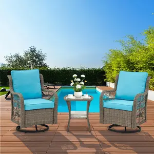 3 Pieces Outdoor Swivel Rocker Chair Set, Outdoor Swivel Glider Rocker, Outdoor Rocking Chair Set with Glass Top Table with Thick Cushions for Backyard, Balcony, Deck