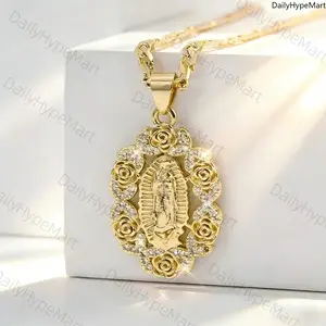 14K Gold Plated Virgin Mary Flower Pendant Necklace, Unisex Religious Jewelry