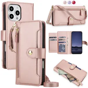 Crossbody PU Faux Leather Wallet Case Sutible For iPhone 17 Air 16E 16 15 14 Plus 13 12 Mini 11 Pro X XS Max XR 8 7 Plus SE 5G 2022 2020 SE3 SE2, Kickstand Zipper Mobile Phone Bag With Wrist Strap Cover, Phone Pouch