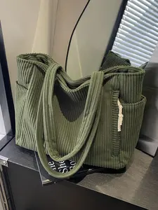 Women's Solid Color Corduroy Tote Bag, Fashionable Large Capacity Shoulder Bag for Work & Daily Used, Casual Trendy Versatile High-quality Daily Commuting Bag