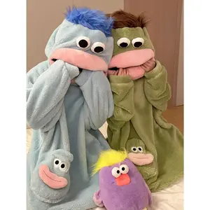 Women’s Big Mouth Monster Coral Fleece Onesie Pajamas, Autumn and Winter, Fleece-Lined, Thick and Warm, Fun, Bath Towel, Bathrobe, Loungewear, Party Gift