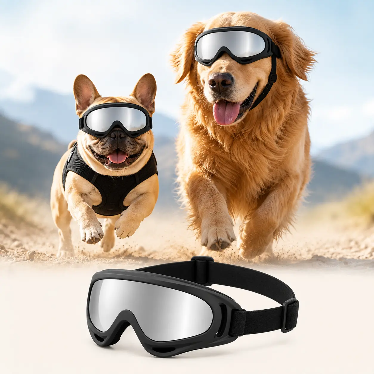Dog Outdoor Glasses for Small-Large Dogs - Single Pair Pet Eyewear with Silver Mirrored PC Lens, Flexible TPU Frame, Airflow Vents, Dual Adjustable Straps for Sun Safety, Wind Protection, Travel