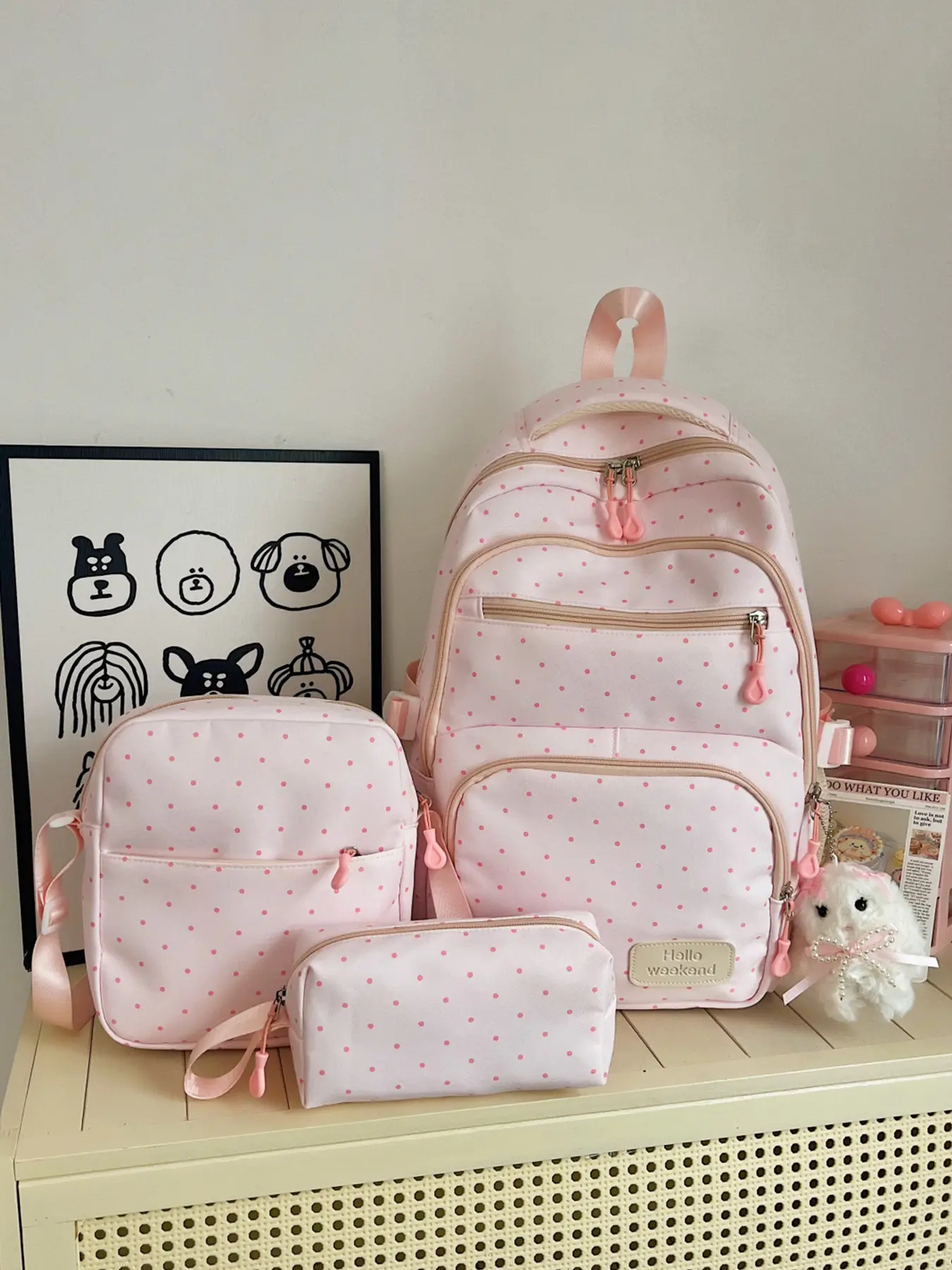 3pcs  Ladies' backpack, large capacity backpack, Casual Backpack, Polka Dot Backpack, zipper closure, free pendant, fashionable and versatile, suitable for students, campus, commuting, shopping, ladies' backpack, Trendy Backpack