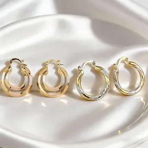 2Pairs of Dainty 18K Gold-Plated Hoop Earring for Women TriColor Twisted Design Copper Jewelry Women's Accessories