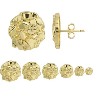 14k Gold Plated Round Rough Textured Cookie Nugget Stud Earrings For Men/Women Unisex