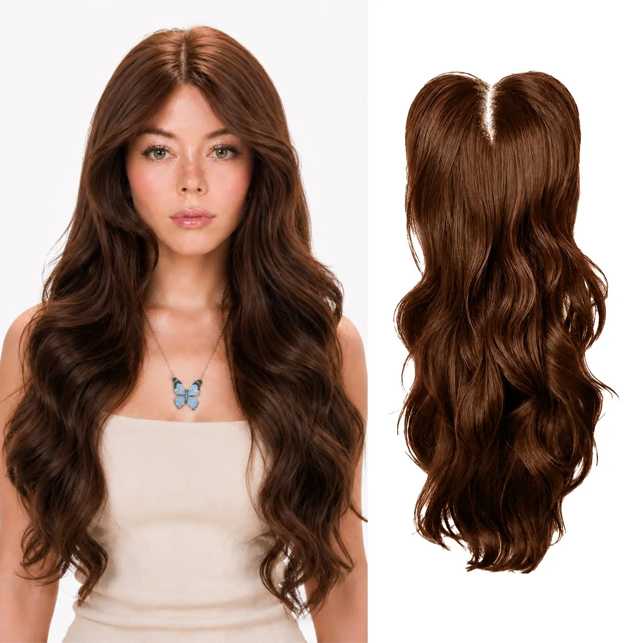 Full Coverage Medium Brown 24 inch Hand Tied Hair Topper Cap-Free Wig No Glue or Wig Cap Needed Natural Hairline Blends Seamlessly with Your Hair Instant Volume&Length No Excess Lace, No Glue, No Hassle More Coverage Than a Topper, Easier Than a Wig
