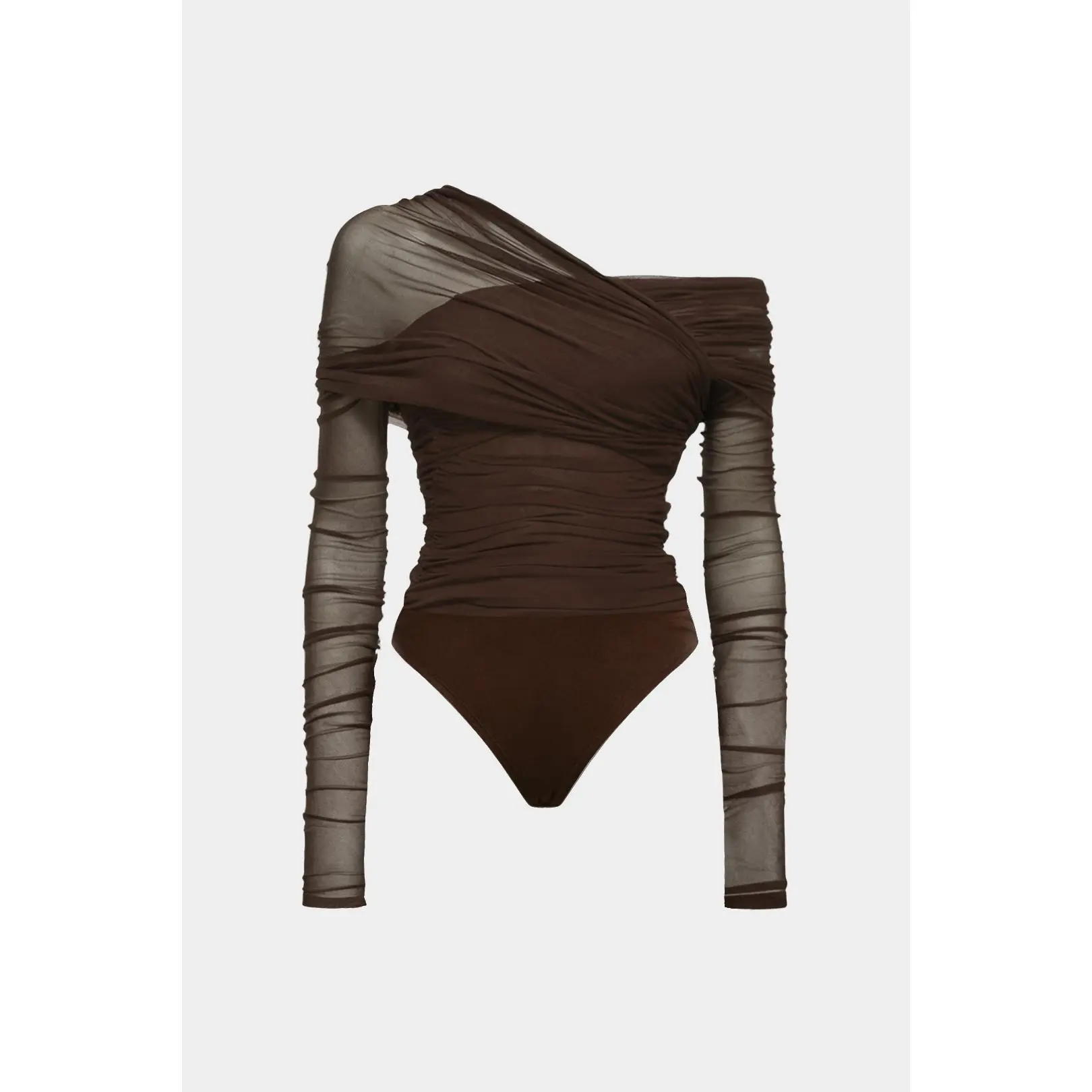 Mesh Ruched One Shoulder Asymmetrical Corssed Ruched Bodysuit