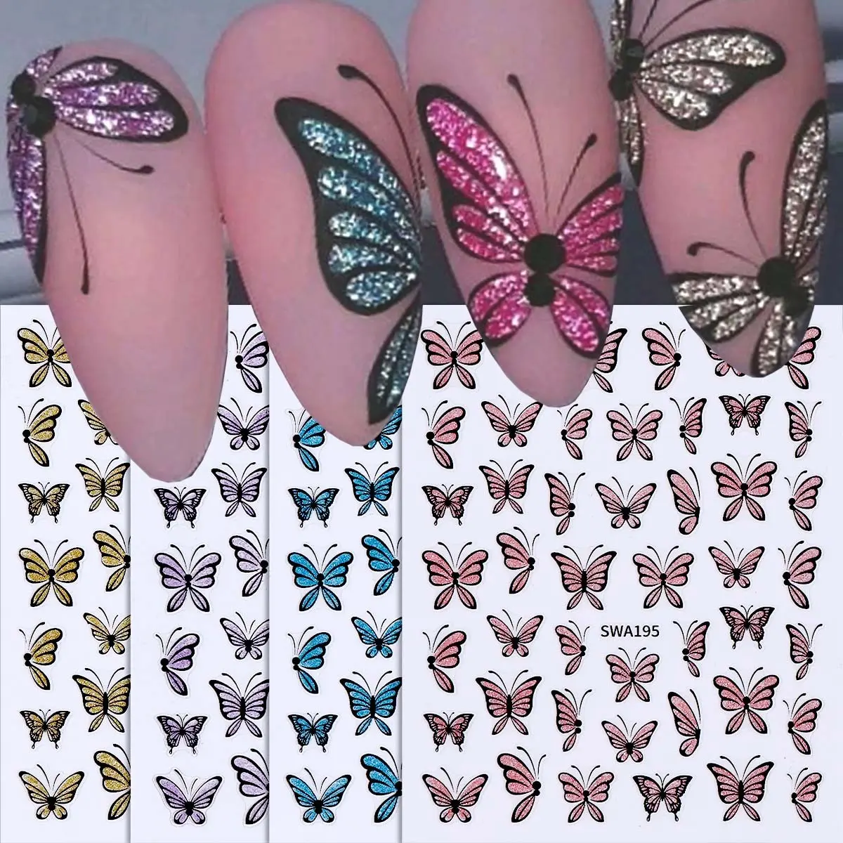 4 Pcs Glittering Butterfly Nail Stickers, 3D Cute Shiny Butterfly DIY Self-Adhesive Nail Art Products for Spring & Summer, Elegant Nail Decoration Supplies
