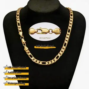 14K Real Gold-Plated Figaro Chain Necklace for Men - 10mm Wide, 20-24" Italian-Style Cuban Link, Tarnish-Free Nanotech Coating, Hip Hop Streetwear,Minimalist Layering Jewelry, Gift for Him