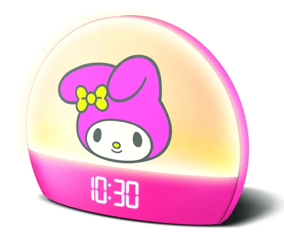 Hello Kitty My Melody Traditional Digital Sunrise Alarm Clock - USB Powered, 6 Color Changing Light Modes, Pink Room Decor Bedside Clock