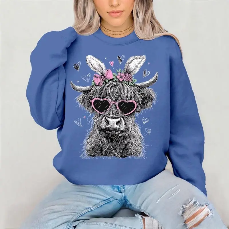 Easter Ears Cow Sketch Crewneck Sweatshirt Gildan Everyday Style Super Soft Unisex Fit Streetwear Graphic Top warm Womenswear Casual Printed Easter bunny cute adorable spring
