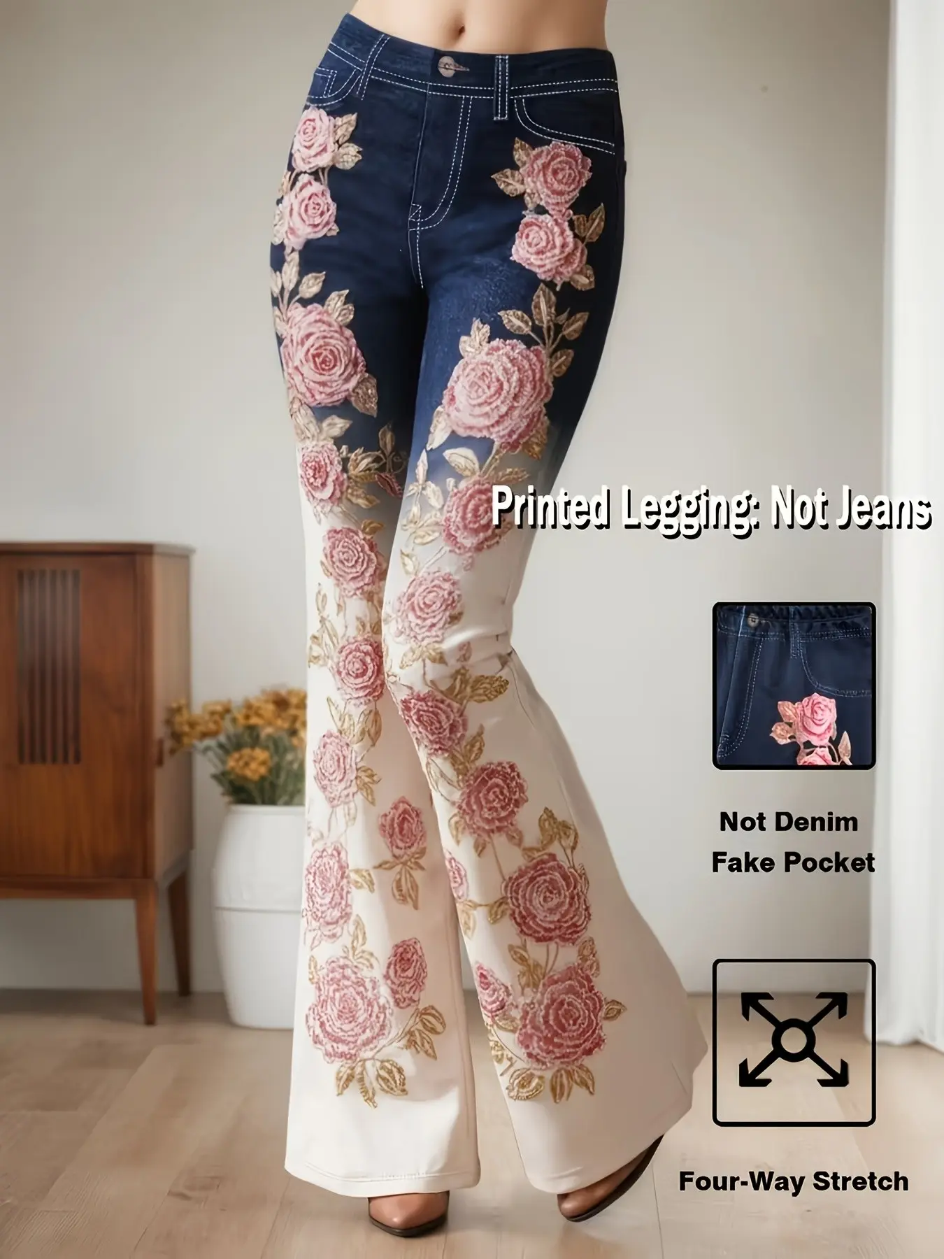 Rose Patchwork Floral Faux Jean Bell Bottoms, Slimming Fashion Versatile Elegant Long Pants K002, Printed Leggings Not Denim Fabric