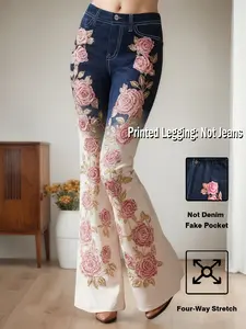 Rose Patchwork Floral Faux Jean Bell Bottoms, Slimming Fashion Versatile Elegant Long Pants K002, Printed Leggings Not Denim Fabric