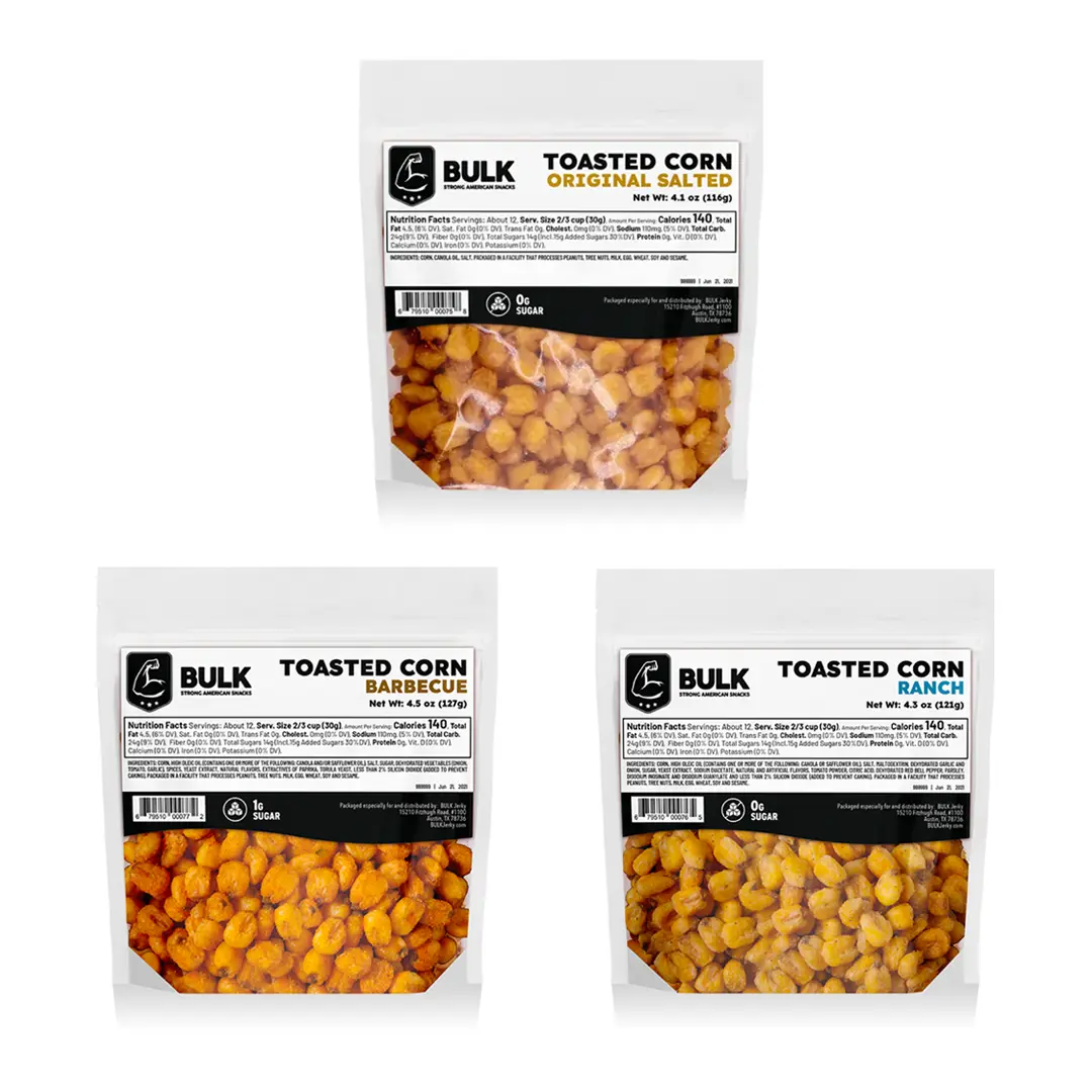 Bulk Beef Jerky I Toasted Corn Snacks - Original Salted, BBQ & Ranch Flavors - 4.5 oz