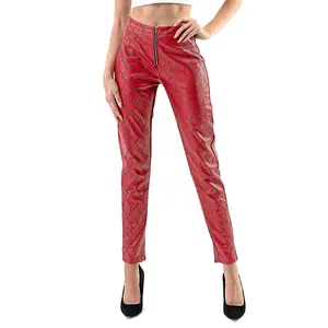 Women’s Red Snake Print Faux Leather Pants – High Waist Slim Fit Zipper Front Trousers