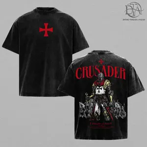 Defender Of Faith Crusader Shirt, Sacred Knight Concept Vintage Wash, battle-worn armor and cross emblem design, heavyweight gothic style