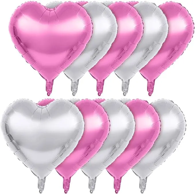 Pack of 10 Heart Shaped Balloons - Big Metallic Foil Balloon for Valentine's Day, Bridal Shower Birthday Bachelor Party Decorations(Pink & Silver) Set